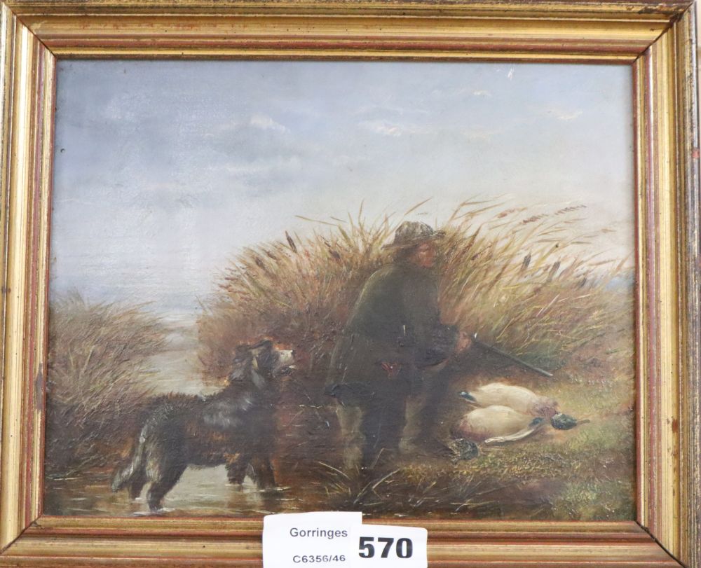 Victorian / Edwardian School, oil on board, A huntsman and his faithful dog, 19 x 24cm